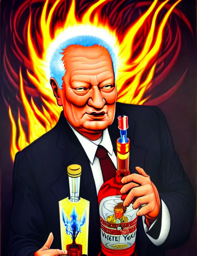 Image similar to yeltsin with a halo of fire holding a bottle of vodka in his hands, scary art in color, detailed art