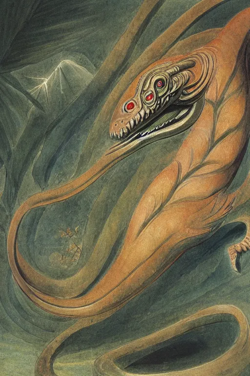 Prompt: stunning, highly detailed, painting of a Basilisk by William Blake, masterpiece, dramatic, 4k, high quality