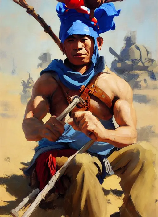 Image similar to greg manchess side portrait of a filipino fighter wearing a jester hat sitting on a tank holding a staff, organic painting, sunny day, matte painting, bold shapes, hard edges, street art, trending on artstation, by huang guangjian, gil elvgren, ruan jia, randy vargas, greg rutkowski