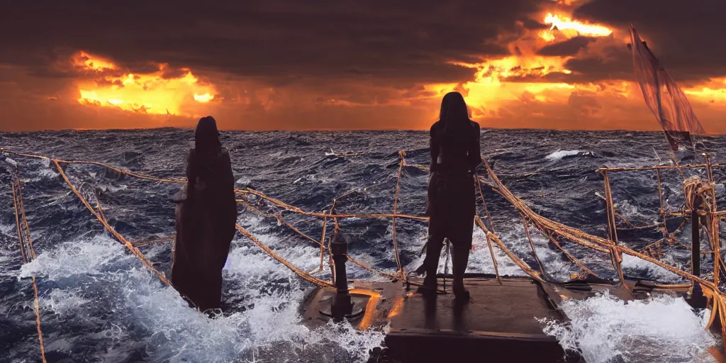 Image similar to medieval woman ship pilot from behind standing at the bow of a ship at sea, dramatic dark glowing golden neon sunset with thick wall of storm clouds and turbulant seas with land in the distance