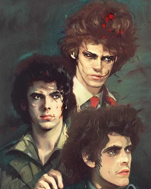 Image similar to two handsome but sinister young men in layers of fear, with haunted eyes and wild hair, 1 9 7 0 s, seventies, wallpaper, a little blood, moonlight showing injuries, delicate embellishments, painterly, offset printing technique, by brom, robert henri, walter popp