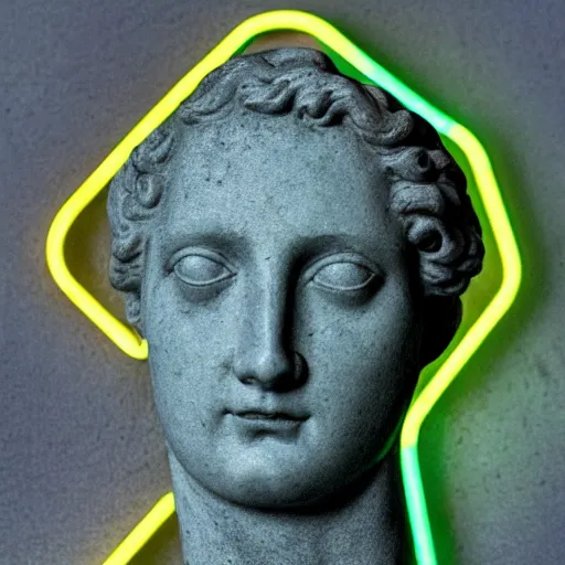 Image similar to a renaissance statue head inside a neon ring