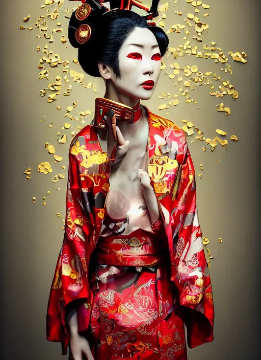 Image similar to portrait of a stylish futuristic geisha cyborg, with a red kimono with japanese golden signs written on it, kintsugi, modern fine art, fractal, intricate, elegant, highly detailed, digital photography, subsurface scattering, in the style of ghost, by jheronimus bosch and greg rutkowski,