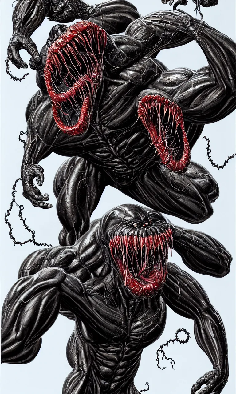 Image similar to hyper realist full body long shot portrait of bodybuilder venom legs from marvel comics!!!!, large mouth with teeth, large tongue, lovecraftian horror!!, fantasy, intricate, elegant, highly detailed, digital painting, artstation, concept art, matte, sharp focus, illustration, art by glenn fabry and giger