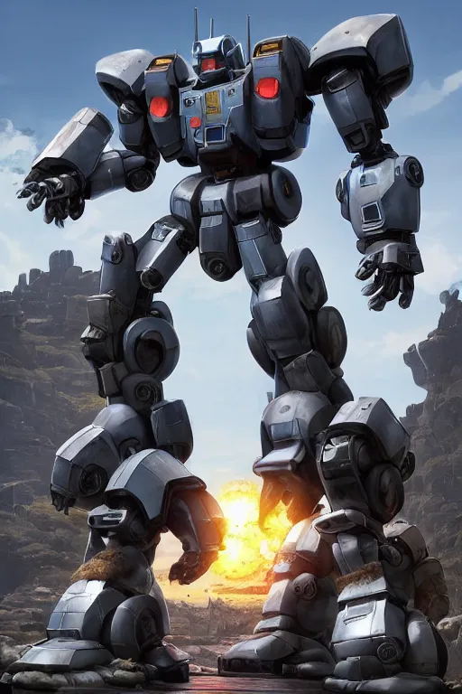 Image similar to mechwarrior 5 : mercenaries mech megaman transformer robot boss tank engine game octane render, 4 k, hd 2 0 2 2 3 d cgi rtx hdr style chrome reflexion glow fanart, global illumination ray tracing hdr fanart arstation by ian pesty by jesper ejsing pixar and disney unreal zbrush central hardmesh