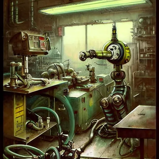 Prompt: ( ( ( ( ( 1 9 5 0 s retro science fiction cluttered robot mechanics shop interior scene. muted colors. ) ) ) ) ) by jean - baptiste monge!!!!!!!!!!!!!!!!!!!!!!!!!!!!!!