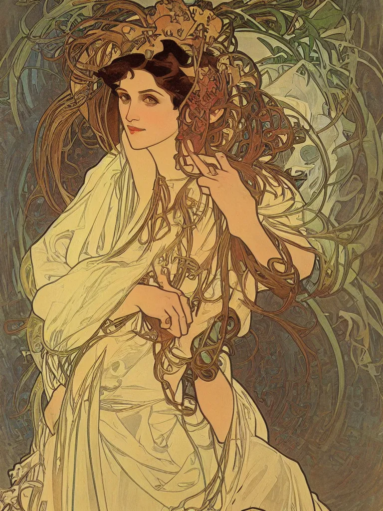 Image similar to a portrait of Erishkigal by Alphonse Mucha