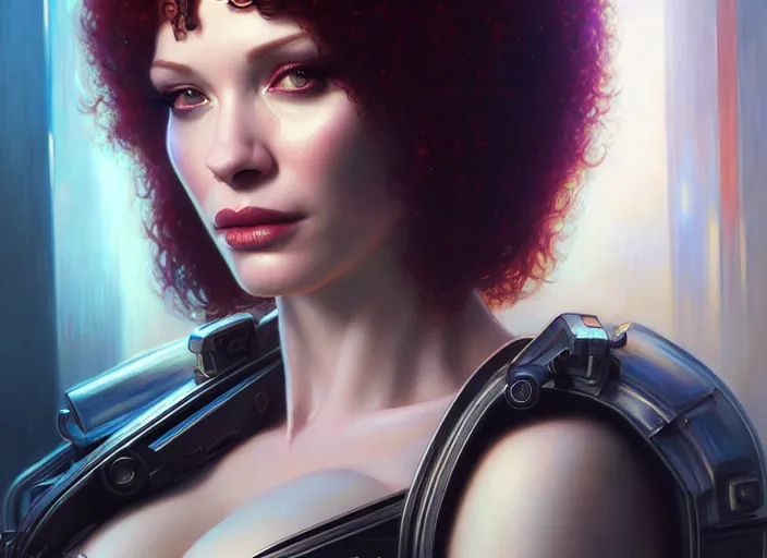 Image similar to portrait shot of a christina hendricks in cyberpunk 2 0 7 7, intricate, elegant, highly detailed, centered, digital painting, artstation, concept art, smooth, sharp focus, illustration, artgerm, tomasz alen kopera, peter mohrbacher, donato giancola, joseph christian leyendecker, wlop, boris vallejo