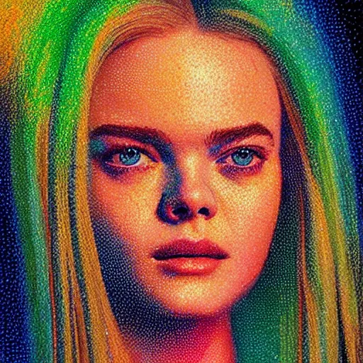 Prompt: Elle Fanning in the style of pointillism, head and shoulders portrait, stormy weather, extremely detailed masterpiece, oil on canvas, low-key neon lighting, artstation, Blade Runner 2049, Roger Deakin’s cinematography,