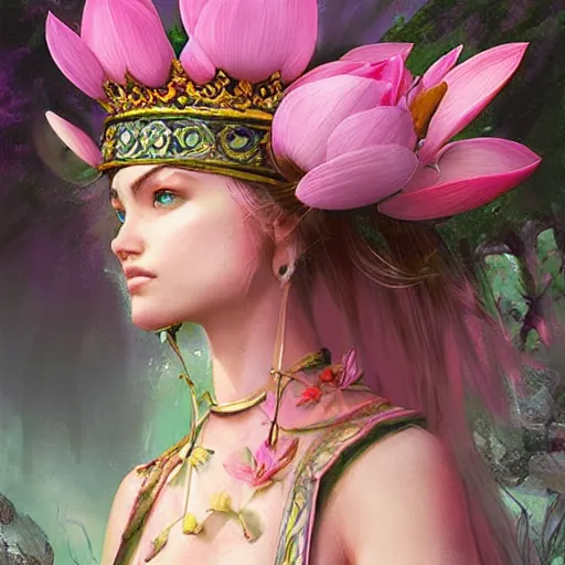 Image similar to Lotus floral crown girl, pink Lotus queen, epic fantasy style art by Craig Mullins, fantasy epic digital art