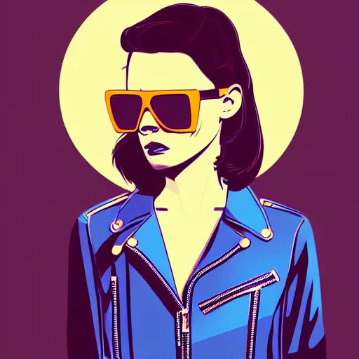 Image similar to a woman with light blue shutter shades in front of a sunset, a dark brown leather jacket, one side brown haircut with blue ends, vector art by jan tengnagel, pixabay contest winner, retrofuturism, retrowave, synthwave, outrun, portrait,