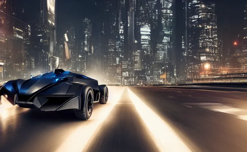 Prompt: A film still of the 2025 Batmobile prototype racing through Gotham at night, 8k