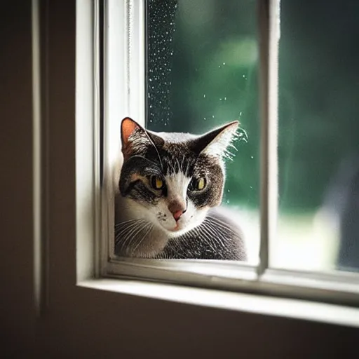 Prompt: A beautiful photograph of a cat looking out the window on a rainy day.