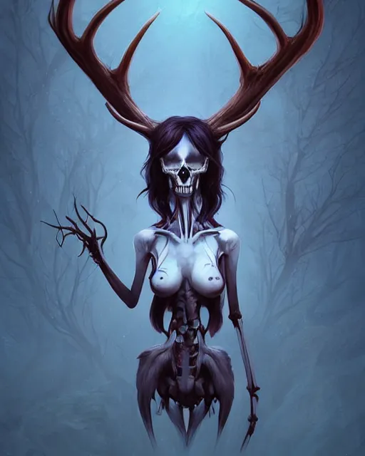 Image similar to a portrait of a beautiful full body Kacey Rohl Wendigo, antlers, spooky, skeletal face, blood, art by lois van baarle and loish and ross tran and rossdraws and sam yang and samdoesarts and artgerm, digital art, highly detailed, intricate, sharp focus, Trending on Artstation HQ, deviantart, unreal engine 5, 4K UHD image