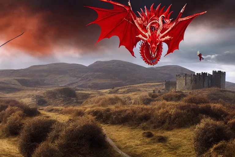 Prompt: welsh countryside with a red dragon flying over still from game of thrones