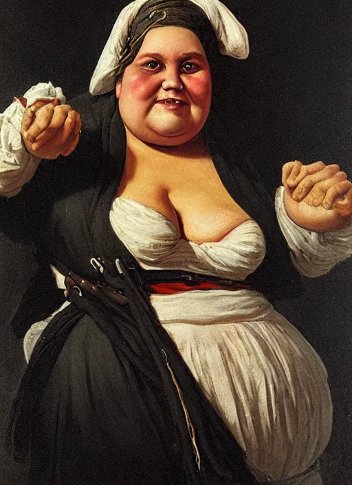 Image similar to close - up portrait of a morbidly obese female pirate with two peglegs and two hook hands, detailed dynamic light painting by albrecht anker