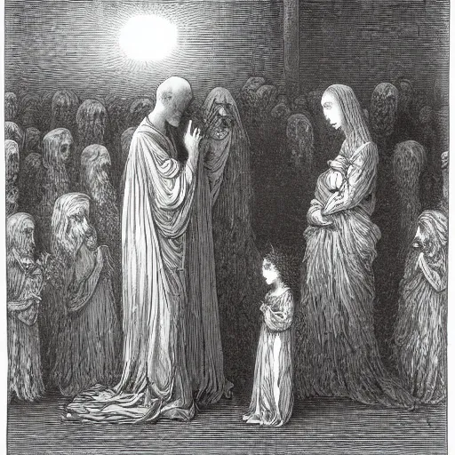 Image similar to Veggietales. Gustave Dore, Woodcut, Black and White.