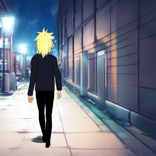 Image similar to a blonde man with a ponytail wearing black clothes wanders through a city at night, anime, 4k