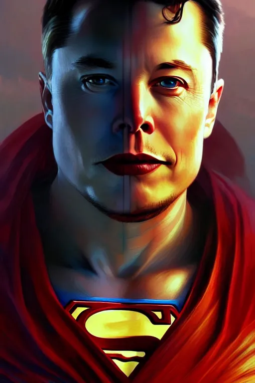 Image similar to elon musk as superman, realistic portrait, symmetrical, highly detailed, digital painting, artstation, concept art, smooth, sharp focus, illustration, cinematic lighting, art by artgerm and greg rutkowski and alphonse mucha