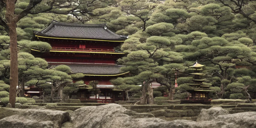 Image similar to a film still of a japanese samurai temple in a japanese blockbuster film, landscape, shallow depth of field, cinematic, award winning cgi, vfx, film still