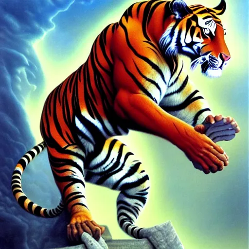 Image similar to futuristic sneakers, fantasy art, ultra realistic, cinematic, wide angle, tiger pattern skin, highly detailed by boris vallejo, scott roberston, neville page, aaron horkey, wayne barlowe, craig mullins, roberto ferri, hajime sorayama