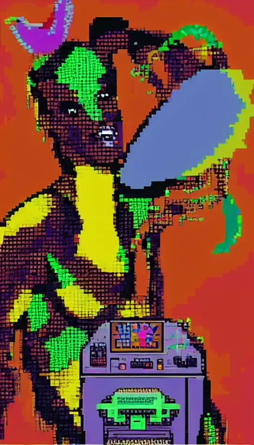 Image similar to beautiful still from retro snes arcade game featuring grace jones feeding her bioenhanced tamagotchi child, hyperreal detailed facial features and uv lighting, retro nintendo bitmap pixel art