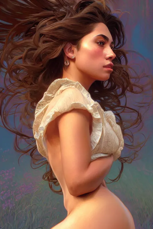 Prompt: clear portrait of a latino attractive women, cottagecore!!, background hyper detailed, character concept, full body, dynamic pose, glowing lights!! intricate, elegant, highly detailed, digital painting, artstation, concept art, smooth, sharp focus, illustration, art by artgerm and greg rutkowski and alphonse mucha