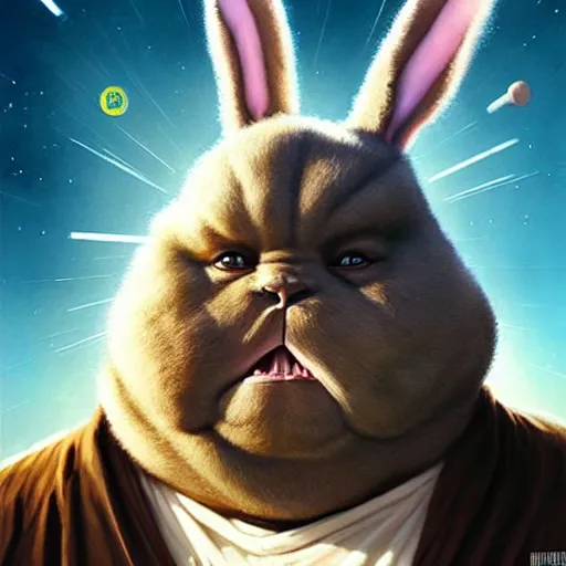 Image similar to hyper realistic, star wars, portrait of a mega derpy john candy as big chungus, with bunny ears, stoned, by greg rutkowski, scott m fischer, artgerm, loish, slight glow, atmospheric, anne stokes, alexandros pyromallis