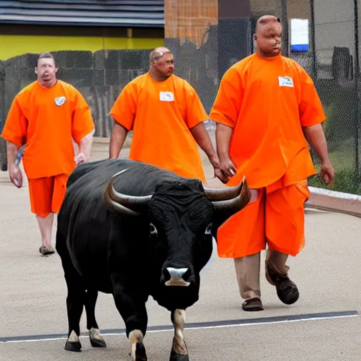 Prompt: bull using orange inmate clothes