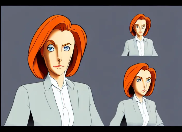 Image similar to a shaded animation cel of dana scully, sharp detail, realistic anatomy, in the style of western cartoons, by don bluth, filmation, toei animation, studio trigger, studio ghibli, 5 k, artstation trending