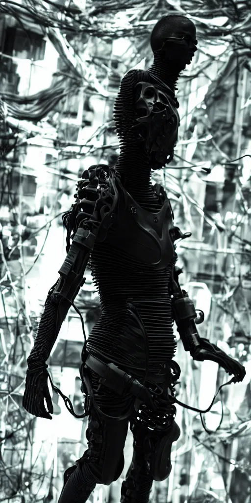 Prompt: healthgoth cyborg, dark techwear fashion, cables, cyberpunk, hyper realistic, tsutomu nihei, cryengine, 8 k, full character, toha heavy industries, rick owens, boris bidjan saberi