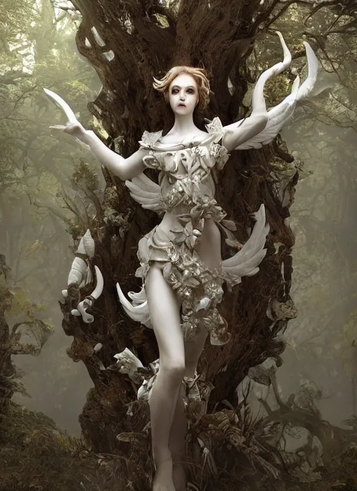 Image similar to high intricate porcelain baroque angelic warrior standing inside an ancient forest, maria panfilova, andrea savchenko, mike kime, ludovic plouffe, qi sheng luo, oliver cook, trending on artstation