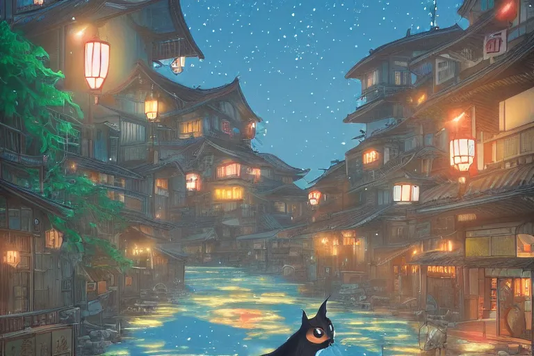 Image similar to fantasy art of glowing cute caracal swimming in the air, in the streets of a japanese town at night, with people watching in wonder, in the style of ponyo, highly detailed digital art, trending on artstation