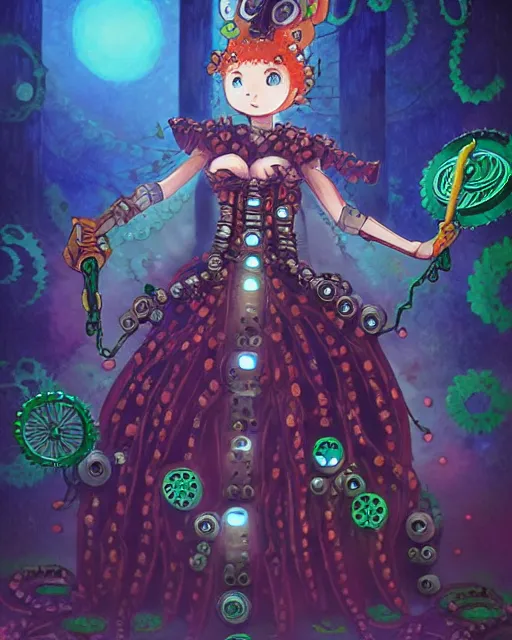 Prompt: scifi pricess of the cloud forest, wearing a lovely dress decorated with toothwheels and cogs. this oil painting by the award - winning mangaka has an interesting color scheme and impeccable lighting.