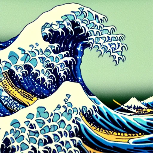 Image similar to digital art of the great wave off kanagawa in a fairy forest