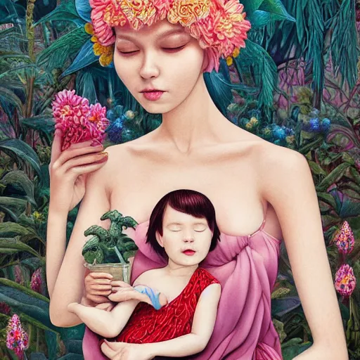 Prompt: pretty mother breastfeeding child with botanical : : by martine johanna and simon stalenhag and chie yoshii and casey weldon and wlop : : ornate, dynamic, particulate, rich colors, intricate, elegant, highly detailed, vogue, harper's bazaar art, fashion magazine, smooth, sharp focus, 8 k, octane render