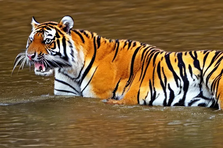 Image similar to a tiger alligator!!! hybrid! hyper realistic!! realistic lighting!! wildlife photographer of the year!!! bold natural colors, national geographic, hd, wide angle, 8 k