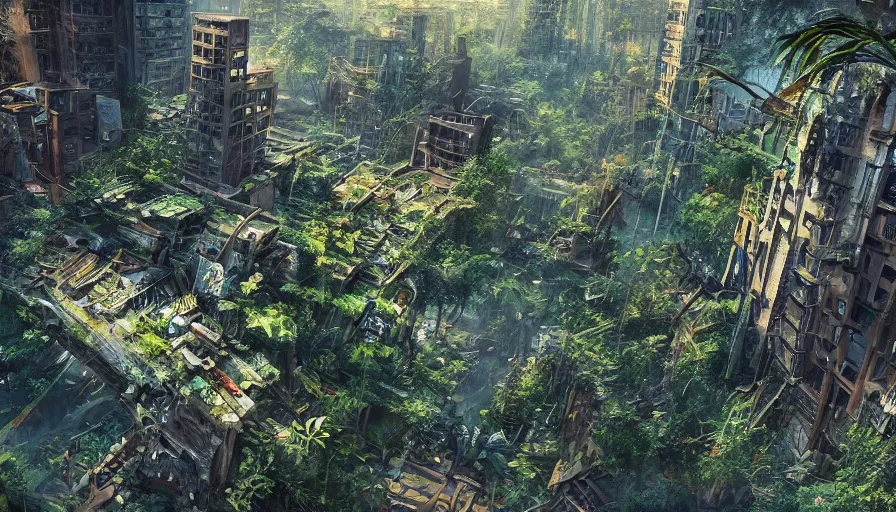 Prompt: Abandoned city of Seattle turned into a jungle, hyperdetailed, artstation, cgsociety, 8k