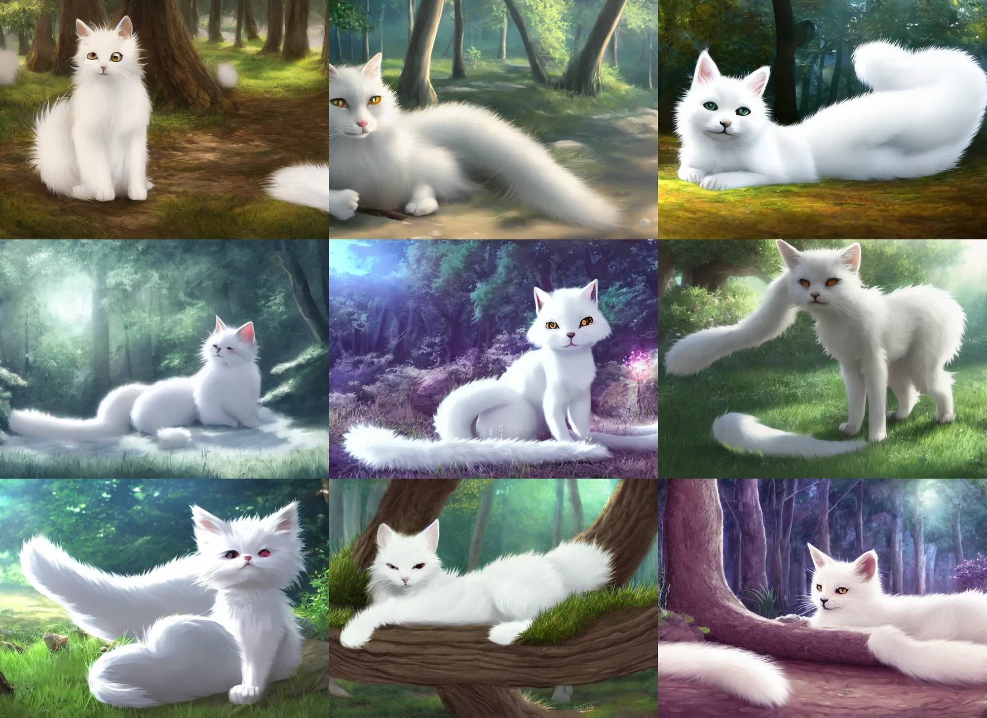 Prompt: white cat with fluffy tail lying at sunny forest, fox tail, high detailed, anime illustration, fantasy, uhd, ray tracing