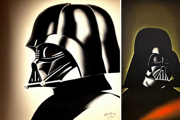 Prompt: darth vader helmet, painting by banksy, chiaroscuro, high detail, perfect artwork, clean lines