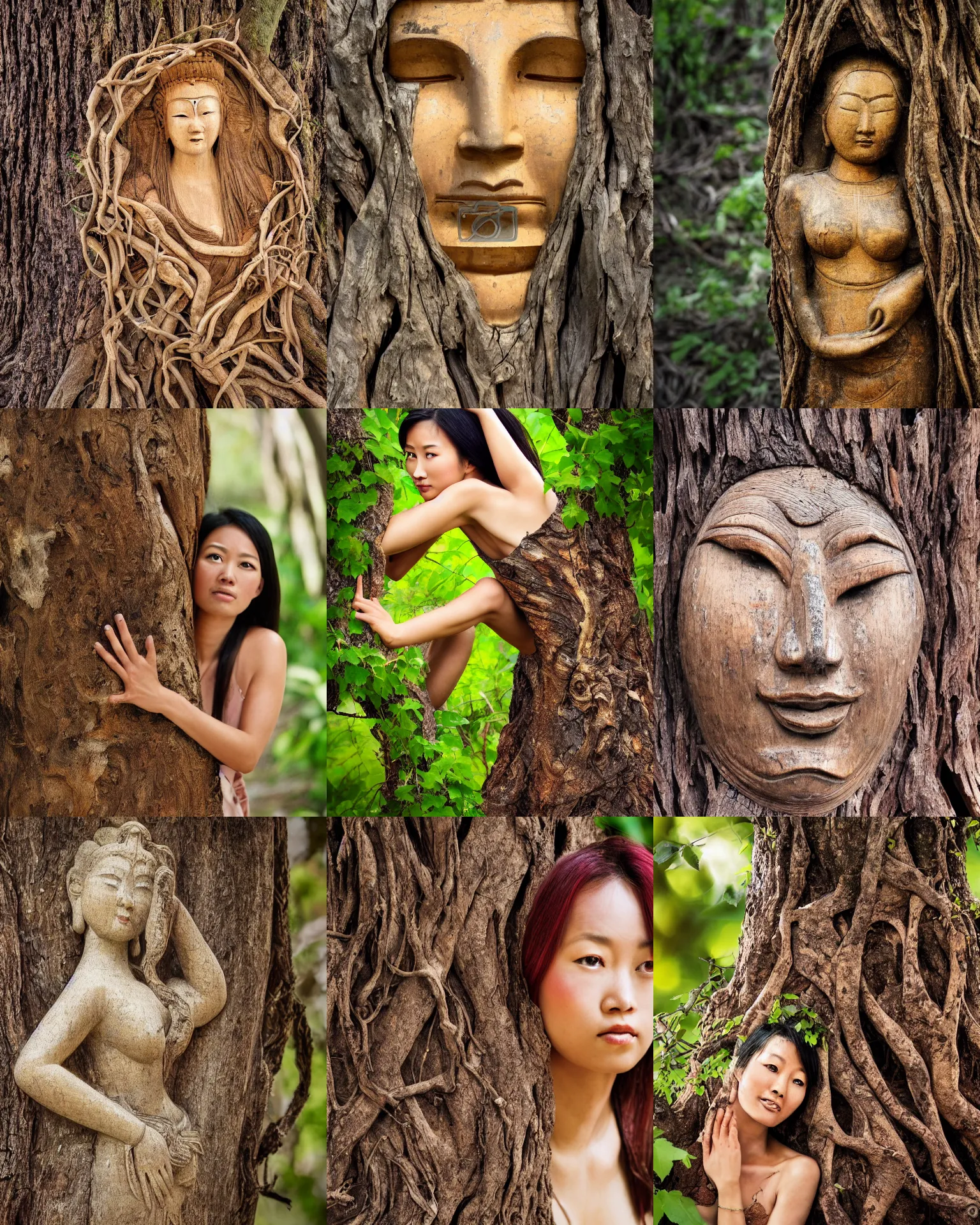 Prompt: a beautiful asian goddess portrait emerging from the bark of an ancient tree, vines and cracked wood