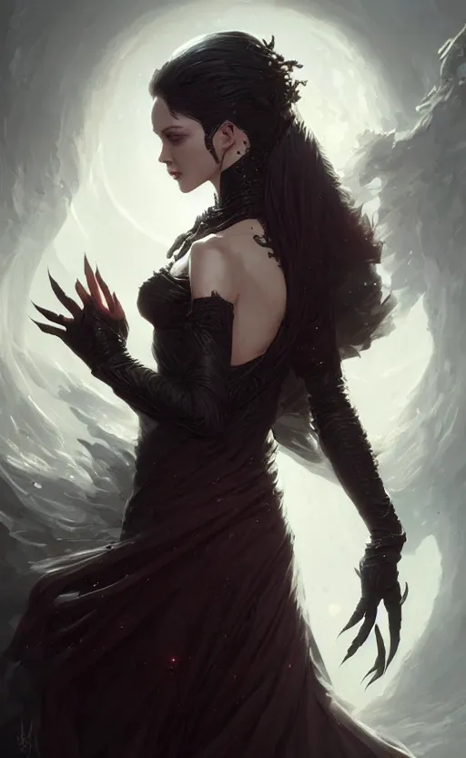 Image similar to desirable Vampire woman, fantasy, intricate, elegant, highly detailed, digital painting, artstation, concept art, matte, sharp focus, illustration, art by artgerm and Greg Rutkowski, dreadjim, zeen chin