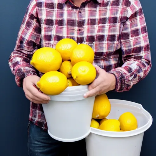 Image similar to A photograph of a confused man holding up a bucket of lemons