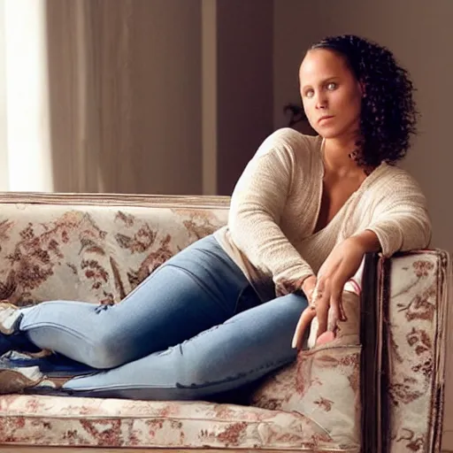 Prompt: alicia keys sitting on her couch watching tv