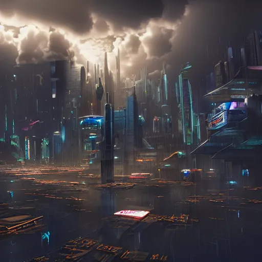 Image similar to a floating cyberpunk city in the clouds, dramatic lighting, photorealistic