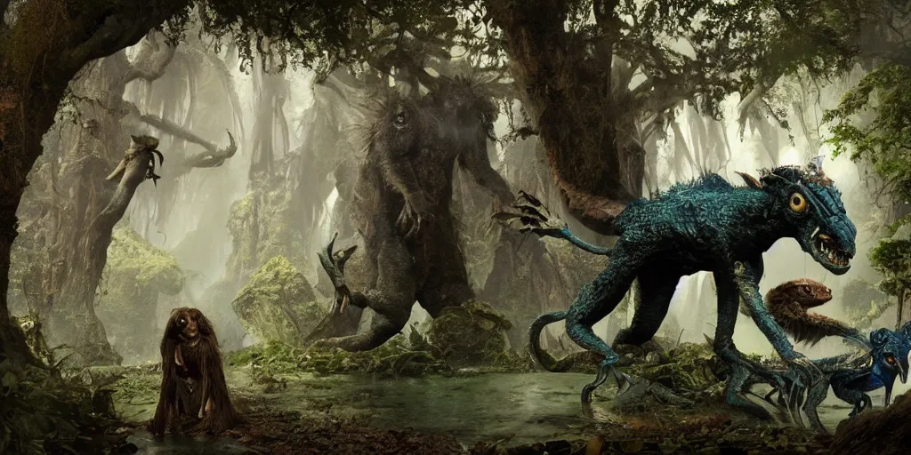 Prompt: a creature fauna monster strange animal, lowbrow, 8 k, matte painting, fantasy, avatar movie