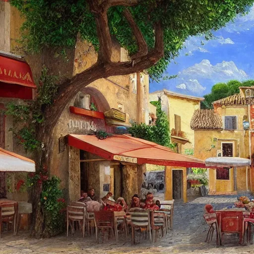 Image similar to a traditional pizzeria in the street of a small village on the riviera. a terrace in the shade of a hundred - year - old olive tree, a friendly atmosphere around pizzas and rose wine. dolce vita. unreal engine rendering, hyper realist, ultra detailed, oil painting, warm colors, happy, impressionism, da vinci,