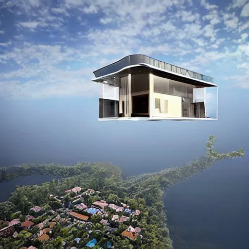 Image similar to a floating luxury house in the sky above a derelict city, the house is floating in the sky