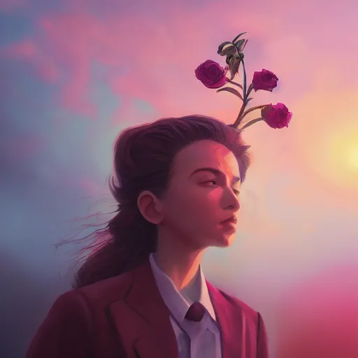 Image similar to closeup, giant rose flower head, frontal, girl in a suit, surreal photography, sunrise, dramatic light, impressionist painting, digital painting, artstation, simon stalenhag