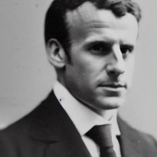 Image similar to photograph of emmanuel macron by edwardian, male, 1 9 0 0 s, 1 9 1 0 s, grainy, slightly blurry, faded, realistic face